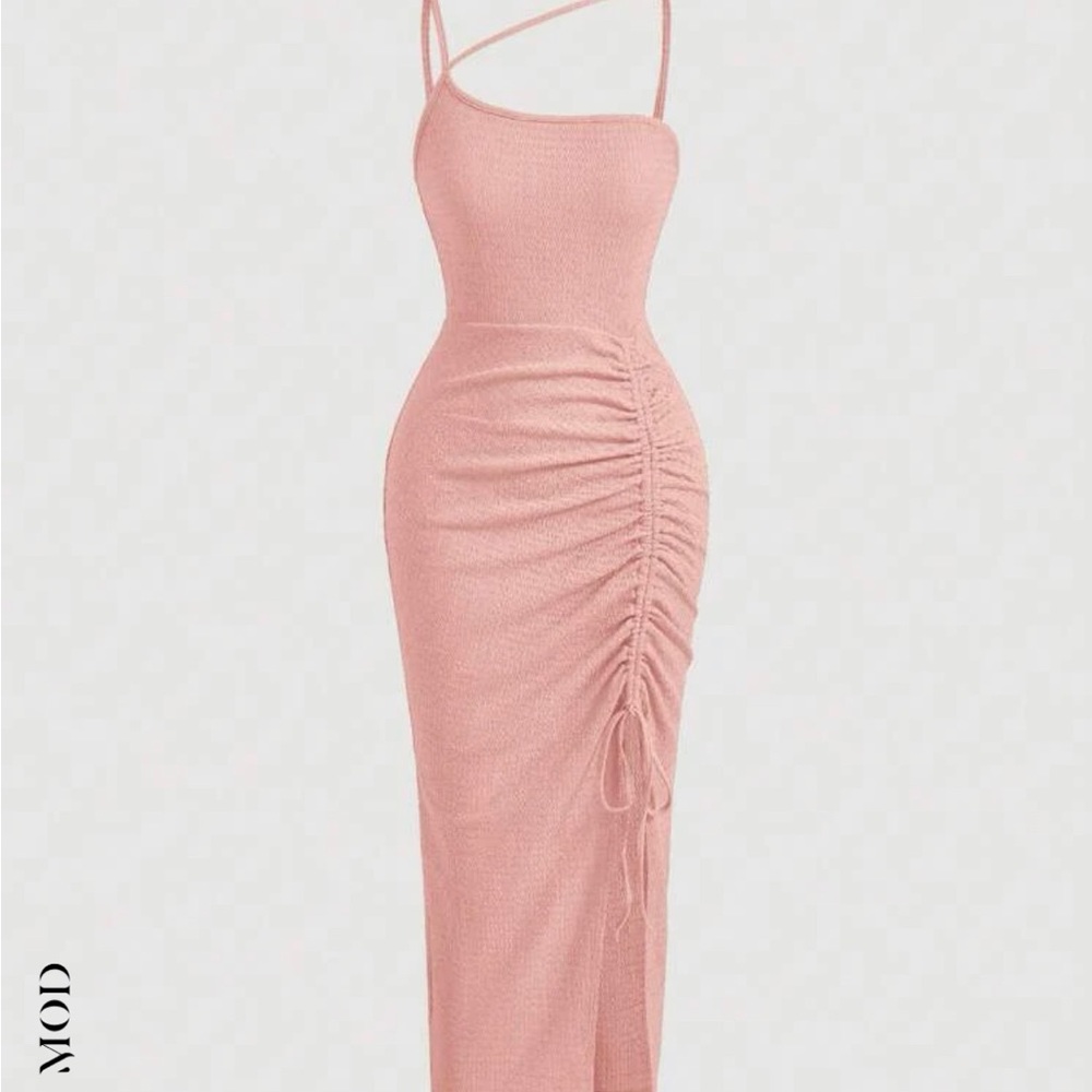 Baby pink asymmetrical neck drawstring split hem dress